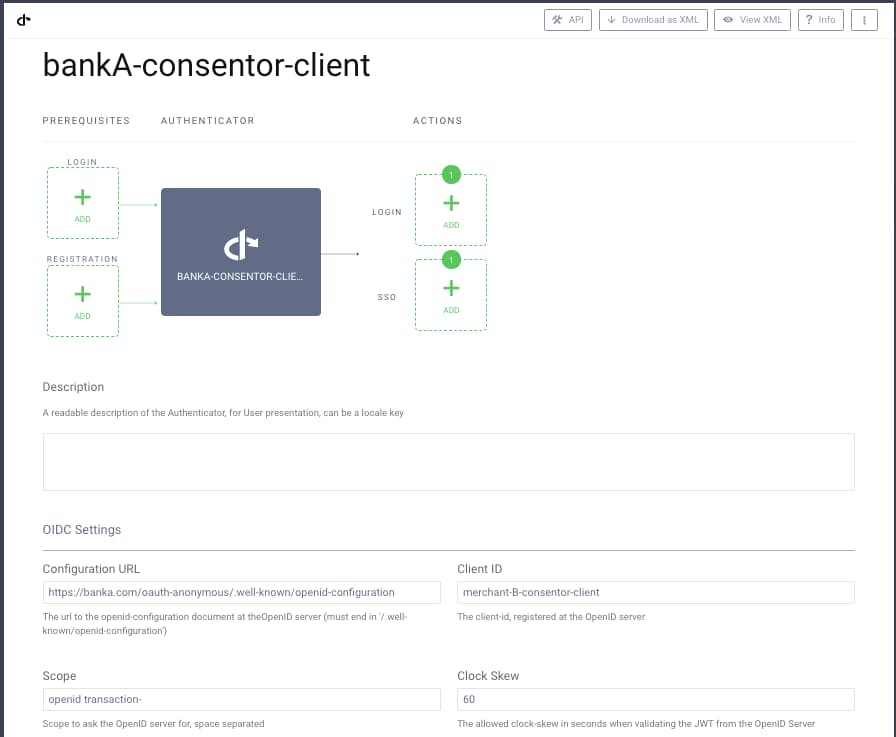 The Merchant configures a Bank OpenID Connect Authenticator to use for the consent redirect