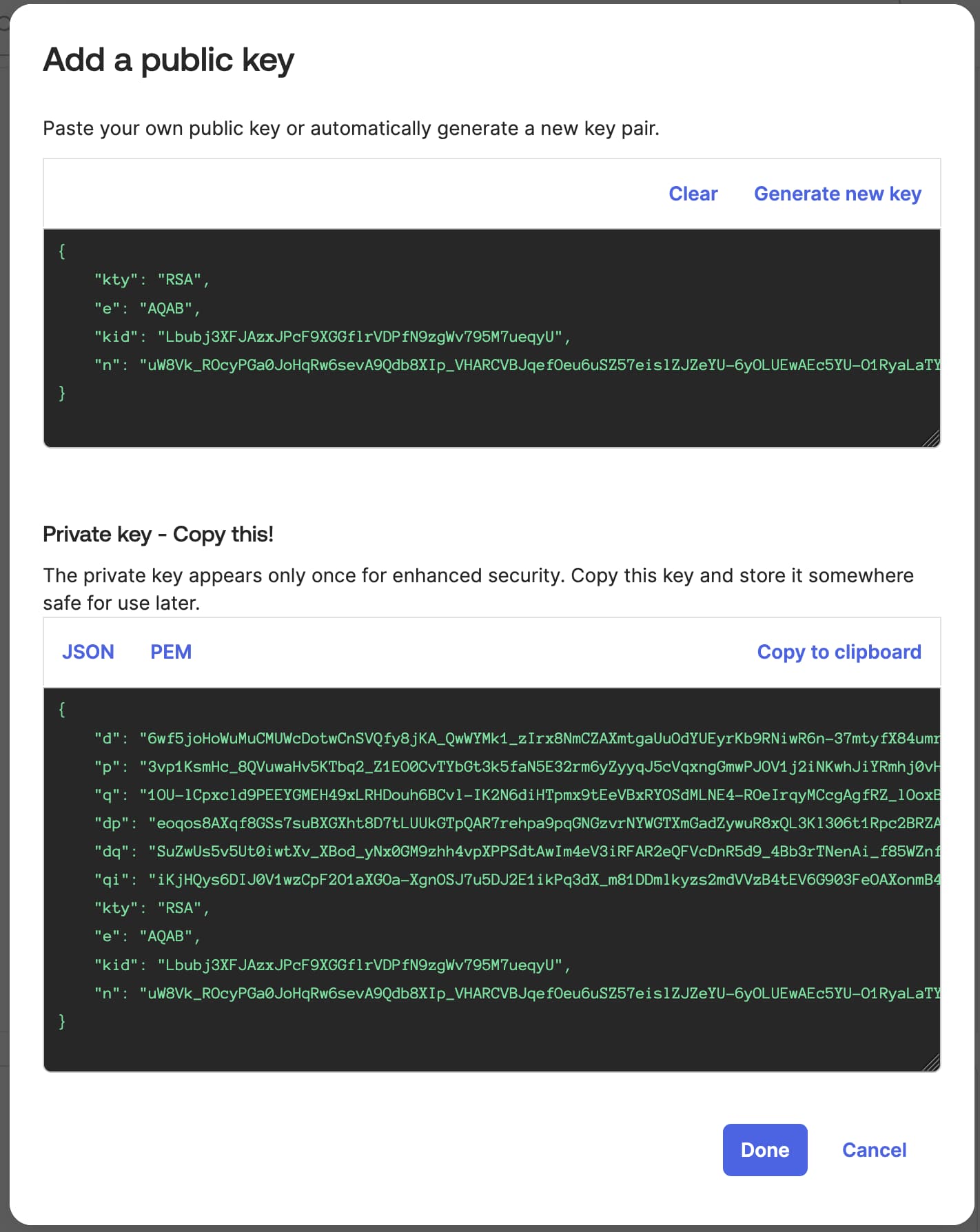 Form for adding an asymmetric key pair to an application in Okta Admin Console