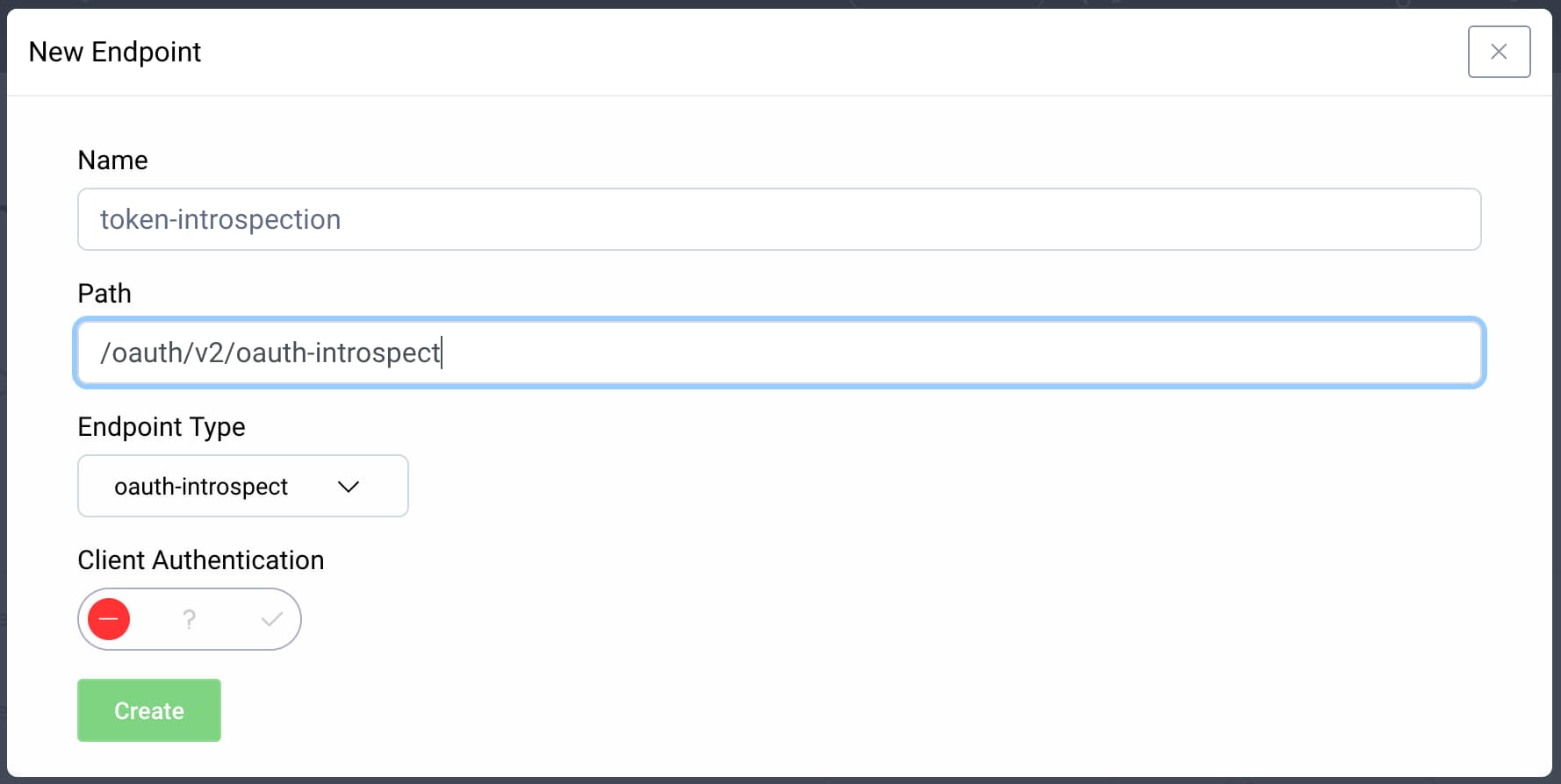 Adding the introspection endpoint Filled-in new endpoint form