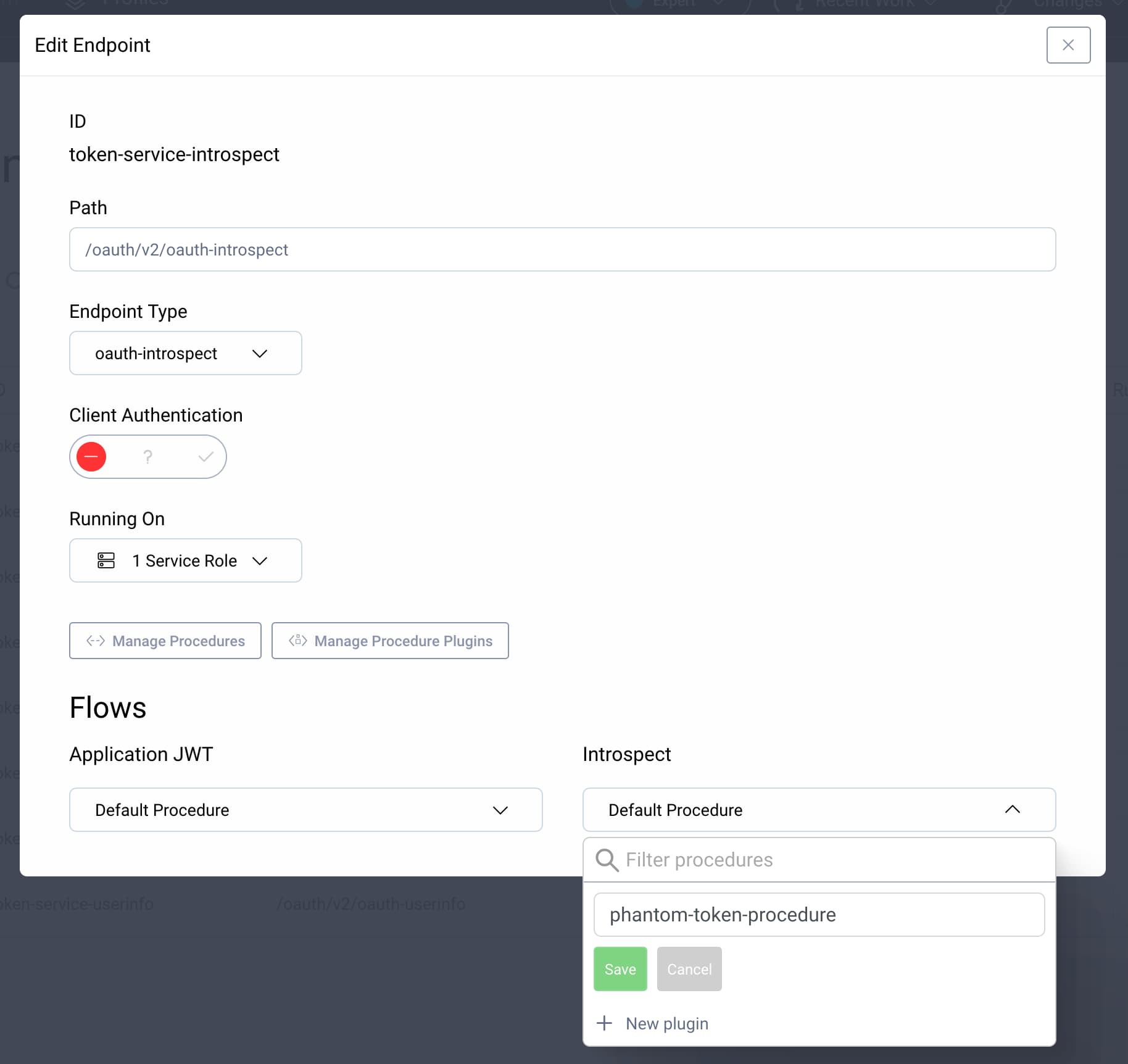 New token procedure for the introspect flow Endpoint edit form with new token procedure being added to the introspect flow