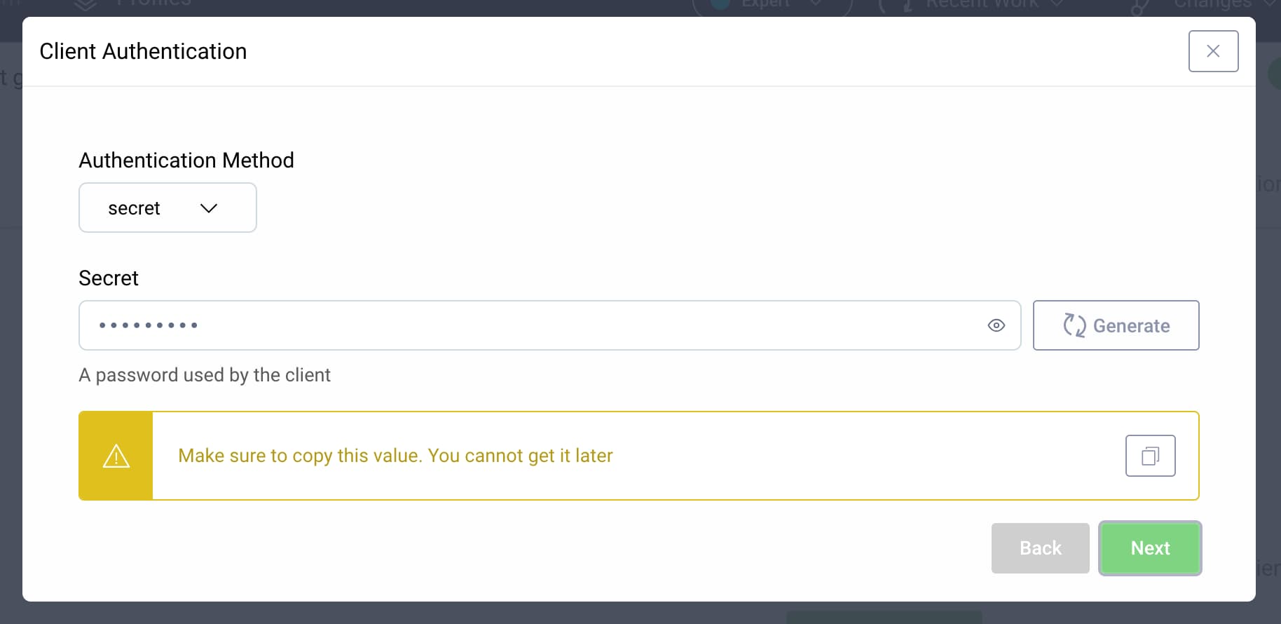 Set client authentication Form for setting client authentication with configured client secret