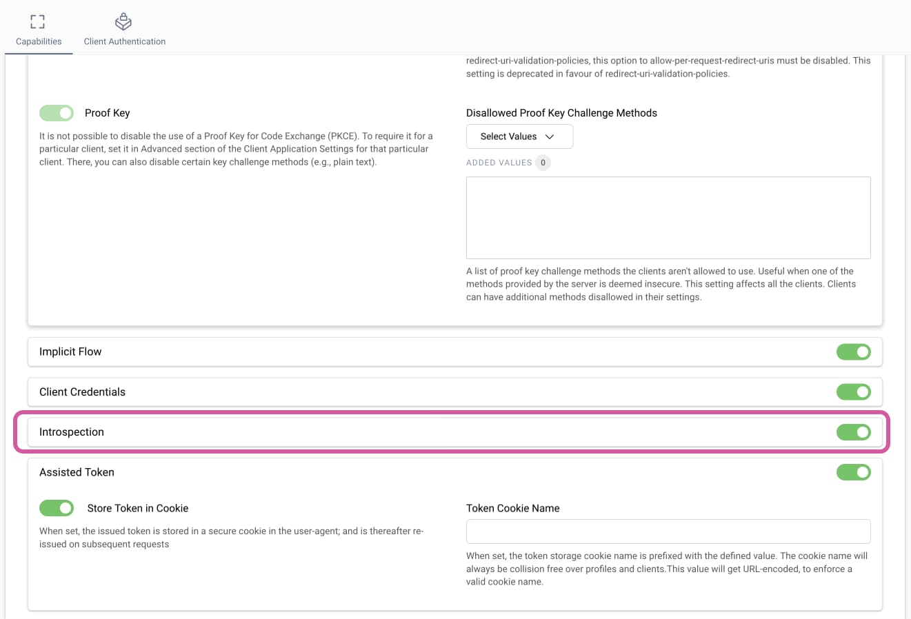 List of token service capabilities with introspection enabled List of a token service capabilities with the introspection capability enabled