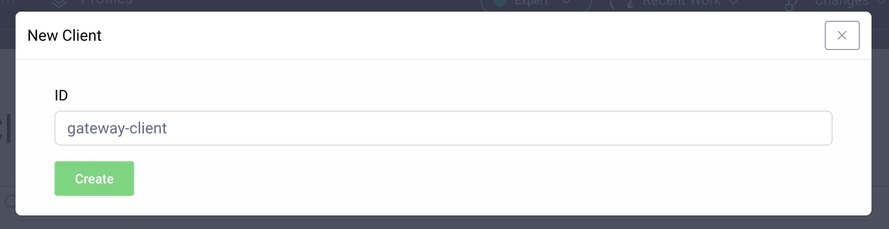 Create new client Form for creating a new client with the ID filled-in