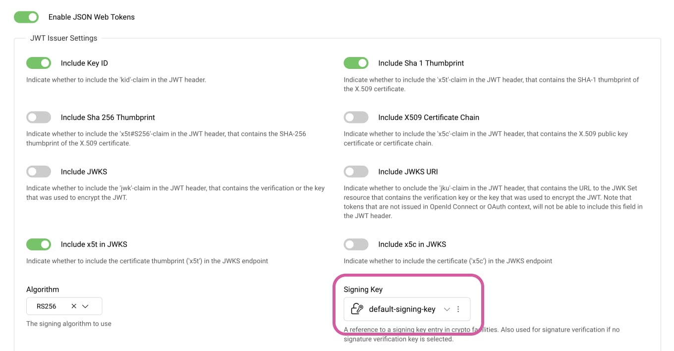 Token issuer with a signing key Token Issuers form that shows the default-signing-key assigned to the JWT issuer